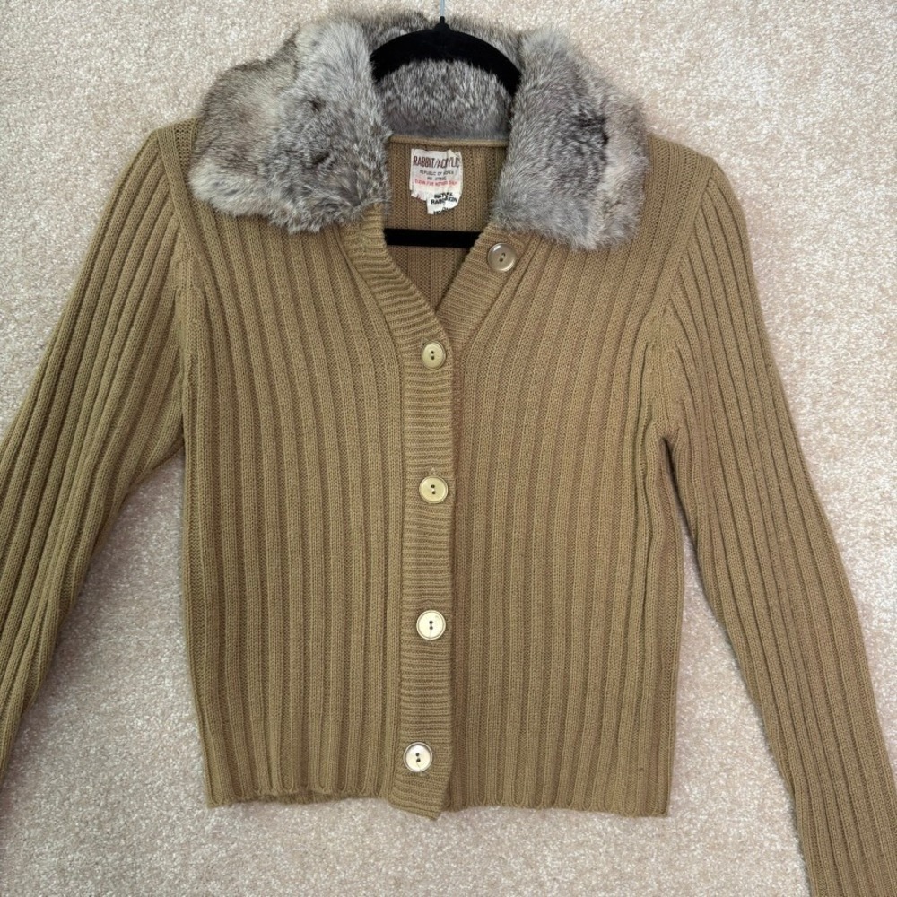 VINTAGE Y2K Rabbit Fur Collar Cardigan Sweater Size Small Medium Knit Coquette‎